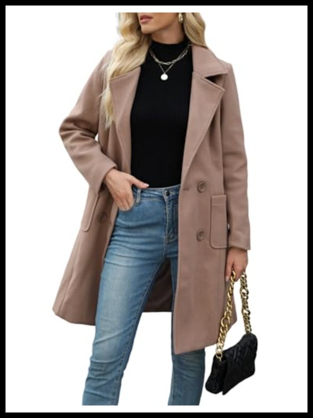 Wool Blend Mid-Long Pea Coat Double Breasted Notch Lapel Winter Outwear